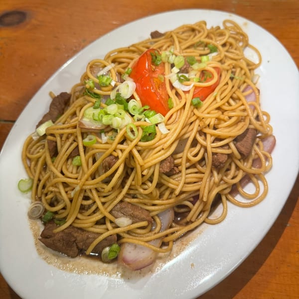 Peruvian Lomo Saltado with noodles, beef, red tomatoes, and green onions on a white plate.